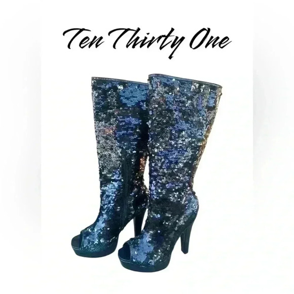 Ten Thirty One sequin black knee-high heels peep toe size 9 - Picture 1 of 5